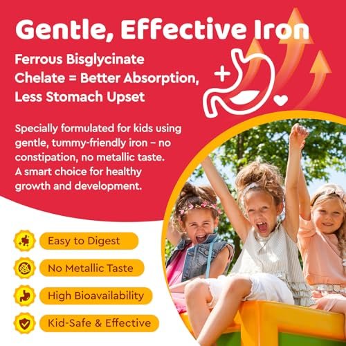 Eisen Gummibärchen für Kinder | Multivitamin mit Eisen, Zink, Vitamin B-Komplex, A, C, D3, B12, Folsäure - Blutbildung & Energie, vegan, Erdbeer 60 Stück