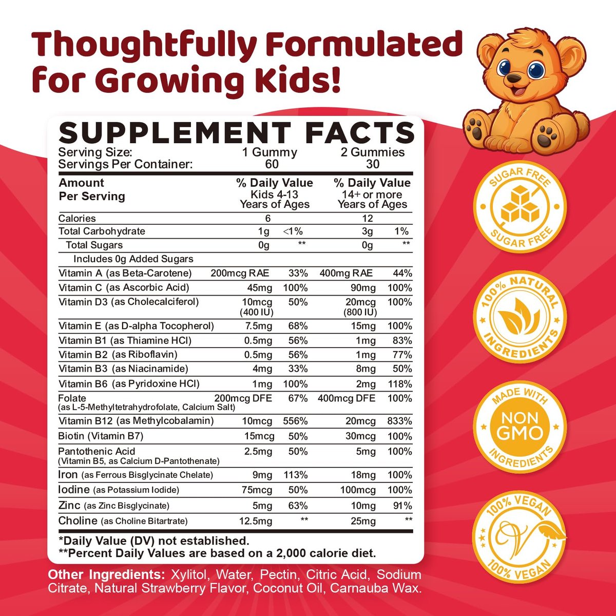 Eisen Gummibärchen für Kinder | Multivitamin mit Eisen, Zink, Vitamin B-Komplex, A, C, D3, B12, Folsäure - Blutbildung & Energie, vegan, Erdbeer 60 Stück