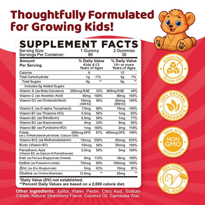 Eisen Gummibärchen für Kinder | Multivitamin mit Eisen, Zink, Vitamin B-Komplex, A, C, D3, B12, Folsäure - Blutbildung & Energie, vegan, Erdbeer 60 Stück