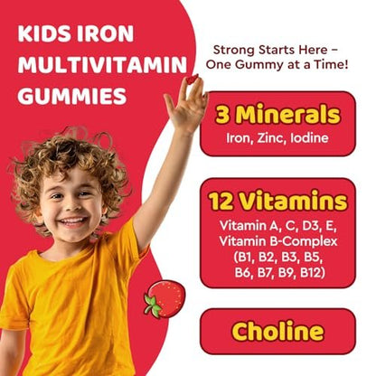 Eisen Gummibärchen für Kinder | Multivitamin mit Eisen, Zink, Vitamin B-Komplex, A, C, D3, B12, Folsäure - Blutbildung & Energie, vegan, Erdbeer 60 Stück