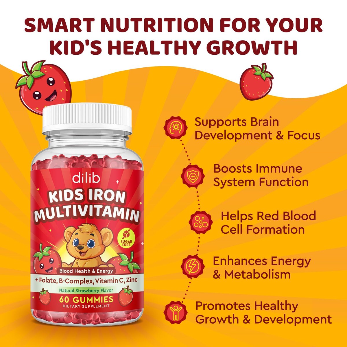Eisen Gummibärchen für Kinder | Multivitamin mit Eisen, Zink, Vitamin B-Komplex, A, C, D3, B12, Folsäure - Blutbildung & Energie, vegan, Erdbeer 60 Stück