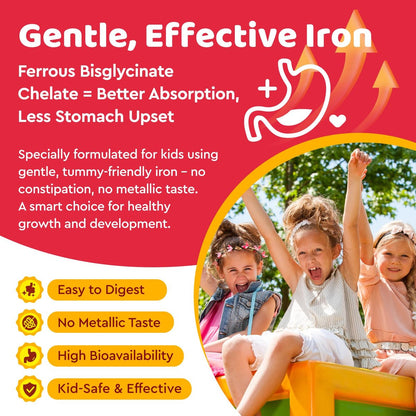 Eisen Gummibärchen für Kinder | Multivitamin mit Eisen, Zink, Vitamin B-Komplex, A, C, D3, B12, Folsäure - Blutbildung & Energie, vegan, Erdbeer 60 Stück
