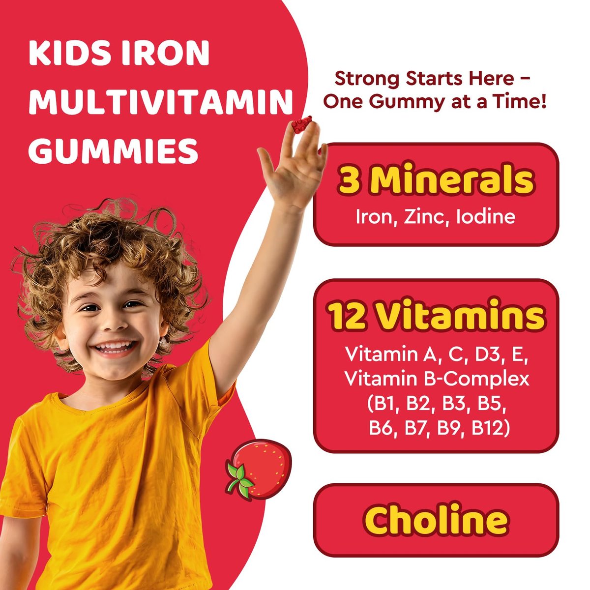 Eisen Gummibärchen für Kinder | Multivitamin mit Eisen, Zink, Vitamin B-Komplex, A, C, D3, B12, Folsäure - Blutbildung & Energie, vegan, Erdbeer 60 Stück