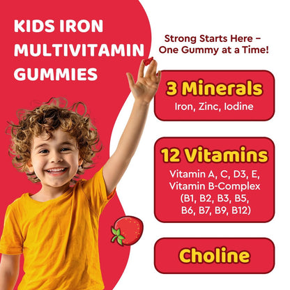 Eisen Gummibärchen für Kinder | Multivitamin mit Eisen, Zink, Vitamin B-Komplex, A, C, D3, B12, Folsäure - Blutbildung & Energie, vegan, Erdbeer 60 Stück