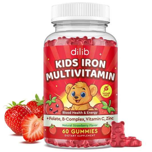 Eisen Gummibärchen für Kinder | Multivitamin mit Eisen, Zink, Vitamin B-Komplex, A, C, D3, B12, Folsäure - Blutbildung & Energie, vegan, Erdbeer 60 Stück