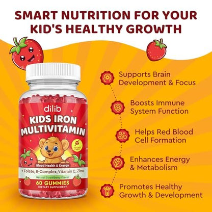Eisen Gummibärchen für Kinder | Multivitamin mit Eisen, Zink, Vitamin B-Komplex, A, C, D3, B12, Folsäure - Blutbildung & Energie, vegan, Erdbeer 60 Stück