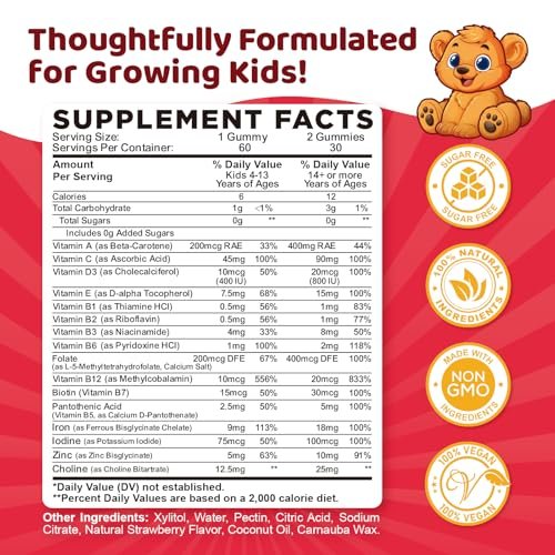 Eisen Gummibärchen für Kinder | Multivitamin mit Eisen, Zink, Vitamin B-Komplex, A, C, D3, B12, Folsäure - Blutbildung & Energie, vegan, Erdbeer 60 Stück