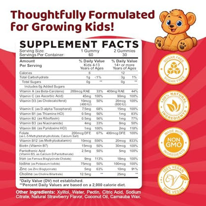 Eisen Gummibärchen für Kinder | Multivitamin mit Eisen, Zink, Vitamin B-Komplex, A, C, D3, B12, Folsäure - Blutbildung & Energie, vegan, Erdbeer 60 Stück