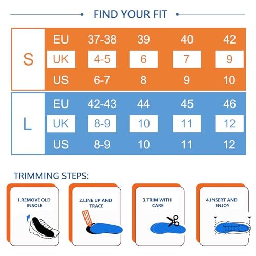 TIESTRA Cushion Gel Schuh-Einlegesohlen für Herren – Stoßdämpfung für Fußentlastung, Komfort Memory Foam Sport Laufsohlen, Fußgewölbeunterstützung Innensohlen für Arbeitsschuhe, Zuschneidbar, Größe US8-12 Schwarz L