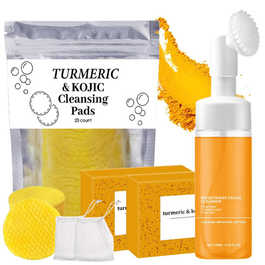 4-teiliges Kurkuma-Reinigungsset: Gesichtsreiniger, Reinigungsschaum, Seife & Peeling-Pads für strahlende Haut