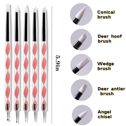 5er Set Dual-Ended Nail Art Dotting Tools – Silikon-Modellierstifte & Kugelstifte für Gel-Nagellack, Builder Gel, Chrome-Pulver, 3D DIY Nageldesign & Maniküre-Dekoration