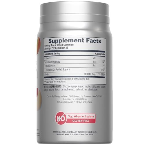 NeoCell Biotin 10000 mcg Gummis – 72 Stück | Schönheitsergänzung für Haare, Haut und Nägel | Pfirsichgeschmack