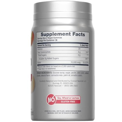 NeoCell Biotin 10000 mcg Gummis – 72 Stück | Schönheitsergänzung für Haare, Haut und Nägel | Pfirsichgeschmack