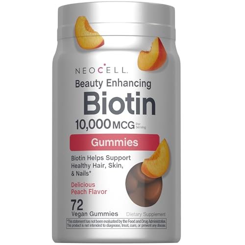 NeoCell Biotin 10000 mcg Gummis – 72 Stück | Schönheitsergänzung für Haare, Haut und Nägel | Pfirsichgeschmack