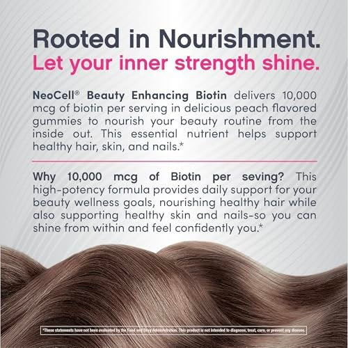 NeoCell Biotin 10000 mcg Gummis – 72 Stück | Schönheitsergänzung für Haare, Haut und Nägel | Pfirsichgeschmack