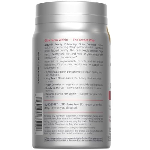 NeoCell Biotin 10000 mcg Gummis – 72 Stück | Schönheitsergänzung für Haare, Haut und Nägel | Pfirsichgeschmack