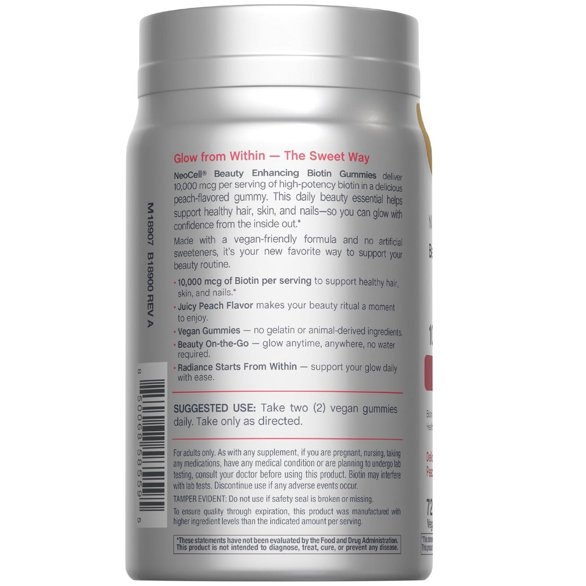 NeoCell Biotin 10000 mcg Gummis – 72 Stück | Schönheitsergänzung für Haare, Haut und Nägel | Pfirsichgeschmack