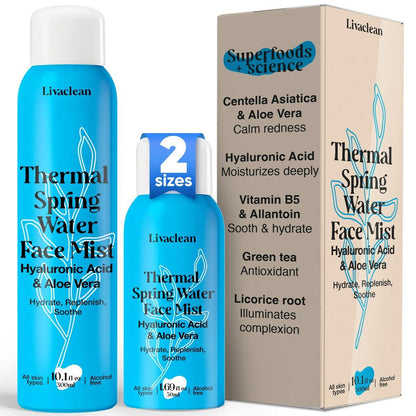 Thermalquellwasser Gesichtsspray 300ml + 50ml - Feuchtigkeitsspendender Nebel mit Hyaluronsäure & Aloe Vera, beruhigend & kühlend, mineralreiche Hautpflege, erfrischend