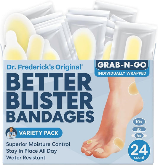 Dr. Frederick's Original Better Blister Bandagen - 24 Stück - Heilende Blasenpflaster - Hydrokolloid - wasserresistent - 40% mehr Polsterung - für Füße, Zehen & Fersen - Blasenprävention - Sortiert
