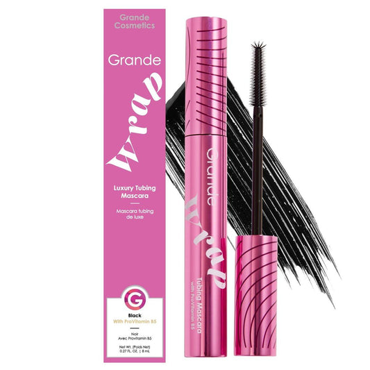 Grande Cosmetics GrandeWRAP Tubing Mascara – Aufbaubares Volumen & Länge, Lift, Curl & Trennung, Anti-Verschmieren, Leicht, Flocken-Frei, Ganztägiger Halt, Einfache Entfernung, Angereichert mit ProVitamin B5 – Schwarz