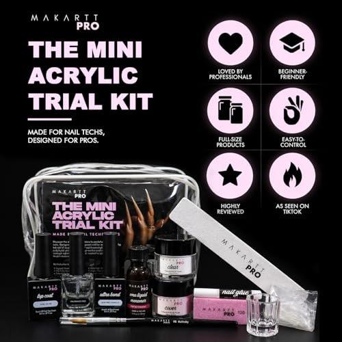 MakarttPro Mini Acryl-Nagelset für Anfänger 12-teilig – Starter-Set mit rosa & klarem Acrylpulver, EMA-Monomer, Kolinsky-Pinsel und Nagelzubehör