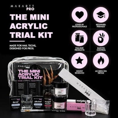 MakarttPro Mini Acryl-Nagelset für Anfänger 12-teilig – Starter-Set mit rosa & klarem Acrylpulver, EMA-Monomer, Kolinsky-Pinsel und Nagelzubehör
