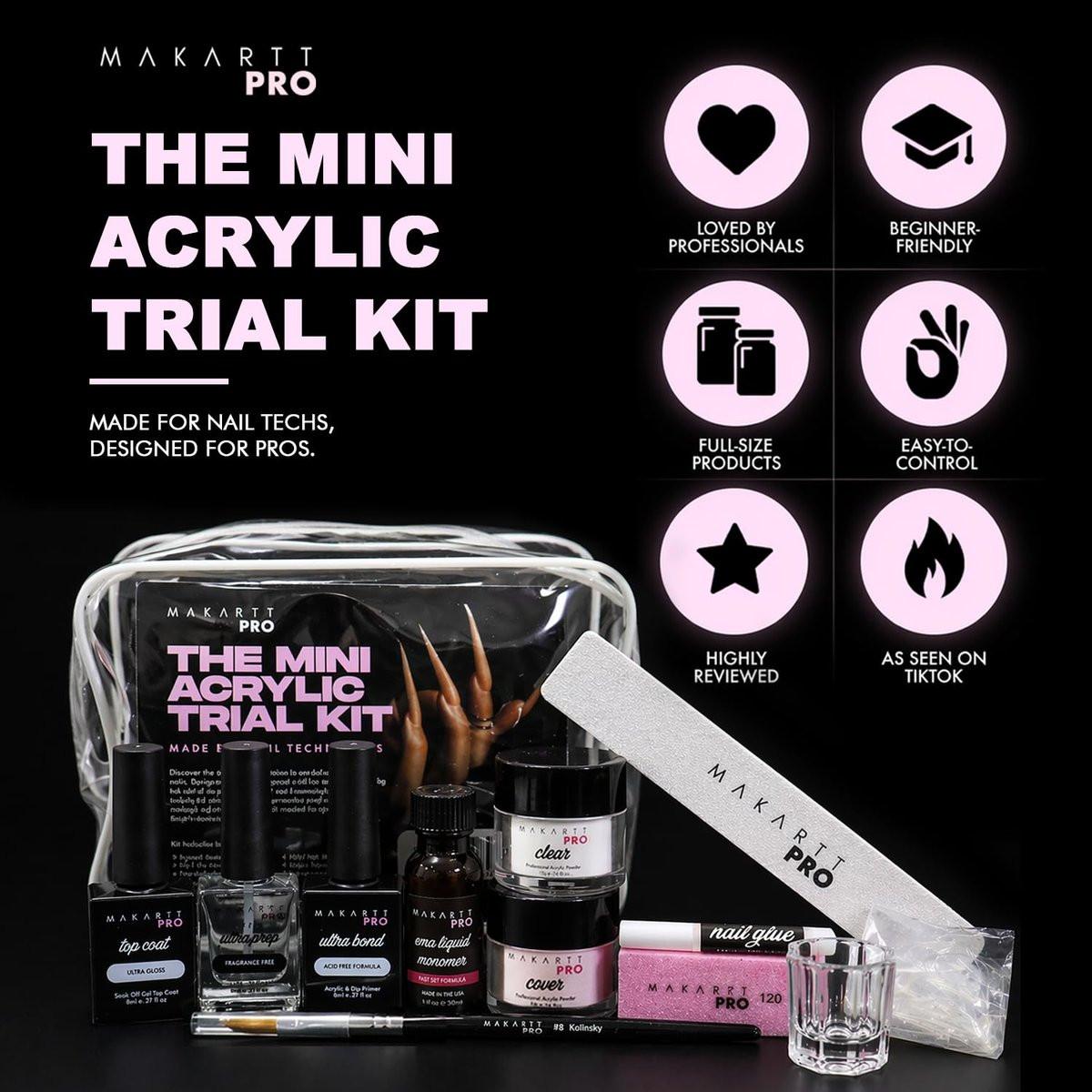 MakarttPro Mini Acryl-Nagelset für Anfänger 12-teilig – Starter-Set mit rosa & klarem Acrylpulver, EMA-Monomer, Kolinsky-Pinsel und Nagelzubehör