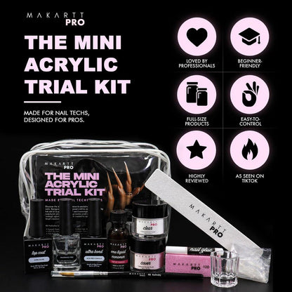 MakarttPro Mini Acryl-Nagelset für Anfänger 12-teilig – Starter-Set mit rosa & klarem Acrylpulver, EMA-Monomer, Kolinsky-Pinsel und Nagelzubehör
