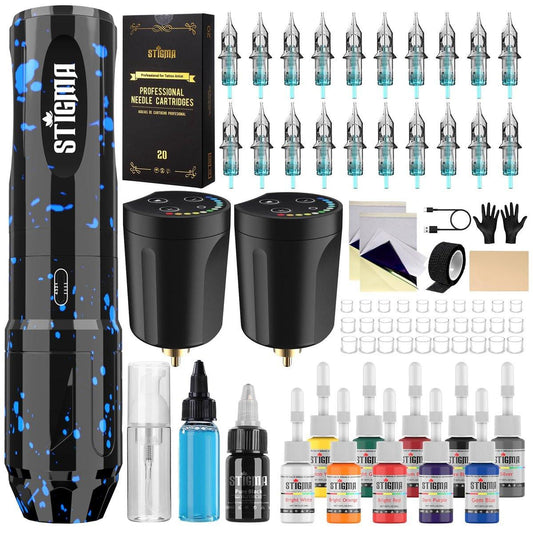 STIGMA Kabelloses Tattoo-Komplettset – Tattoo Rotary Pen Set mit 2 Akkus, 20 Patronennadeln & 11 Tinten für Anfänger und Profis (ST-TK9003-3, Schwarz)
