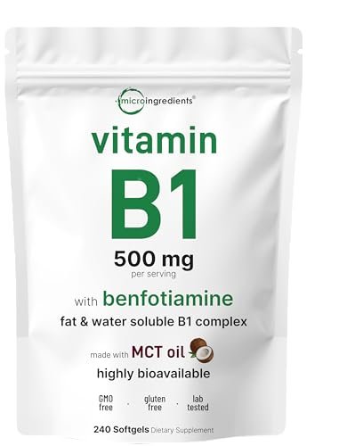Micro Ingredients Vitamin B1 Thiamin 500 mg mit Benfotiamin & MCT-Öl, 240 Weichkapseln | Hoch bioverfügbares Thiamin-Präparat für Energie & Nervensystem* | Nicht-GVO, sojafrei