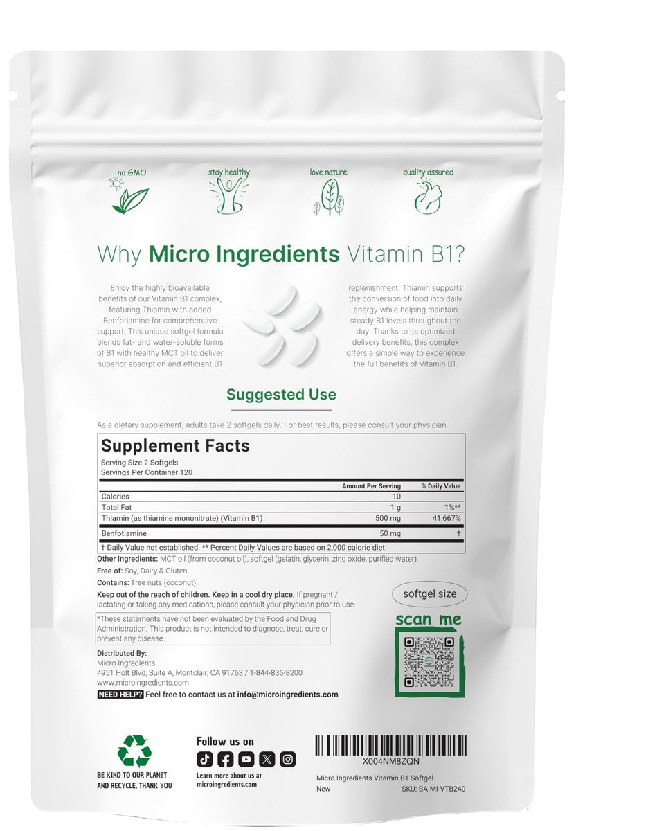 Micro Ingredients Vitamin B1 Thiamin 500 mg mit Benfotiamin & MCT-Öl, 240 Weichkapseln | Hoch bioverfügbares Thiamin-Präparat für Energie & Nervensystem* | Nicht-GVO, sojafrei