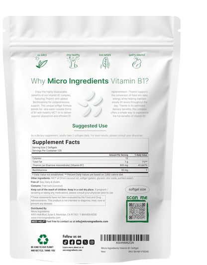 Micro Ingredients Vitamin B1 Thiamin 500 mg mit Benfotiamin & MCT-Öl, 240 Weichkapseln | Hoch bioverfügbares Thiamin-Präparat für Energie & Nervensystem* | Nicht-GVO, sojafrei