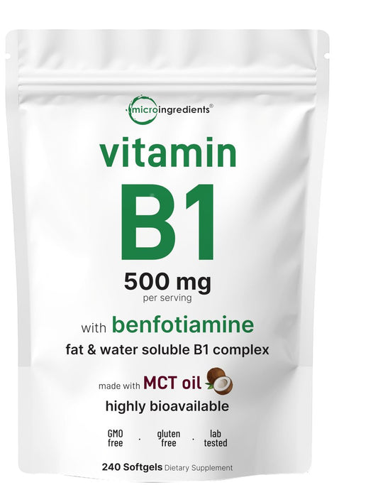 Micro Ingredients Vitamin B1 Thiamin 500 mg mit Benfotiamin & MCT-Öl, 240 Weichkapseln | Hoch bioverfügbares Thiamin-Präparat für Energie & Nervensystem* | Nicht-GVO, sojafrei