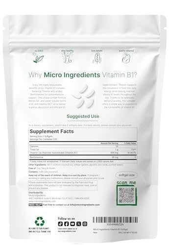 Micro Ingredients Vitamin B1 Thiamin 500 mg mit Benfotiamin & MCT-Öl, 240 Weichkapseln | Hoch bioverfügbares Thiamin-Präparat für Energie & Nervensystem* | Nicht-GVO, sojafrei