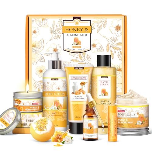 Geschenk für Frauen - 9-teiliges Mandelmilch & Honig Bade- und Körperpflege-Set, Geburtstagsgeschenk für Frauen, Selbstpflege-Geschenkkorb, entspannendes Badeset für Mama, Freundin, Schwester