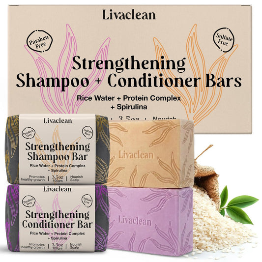 2er-Pack Reiswasser Shampoo und Conditioner Bar – 2x100g – Haarseife mit Spirulina, Matcha, Hyaluronsäure, Kokos – Ohne Sulfate oder Parabene – Shampoo und Conditioner Set – Reisseife für Haarwachstum