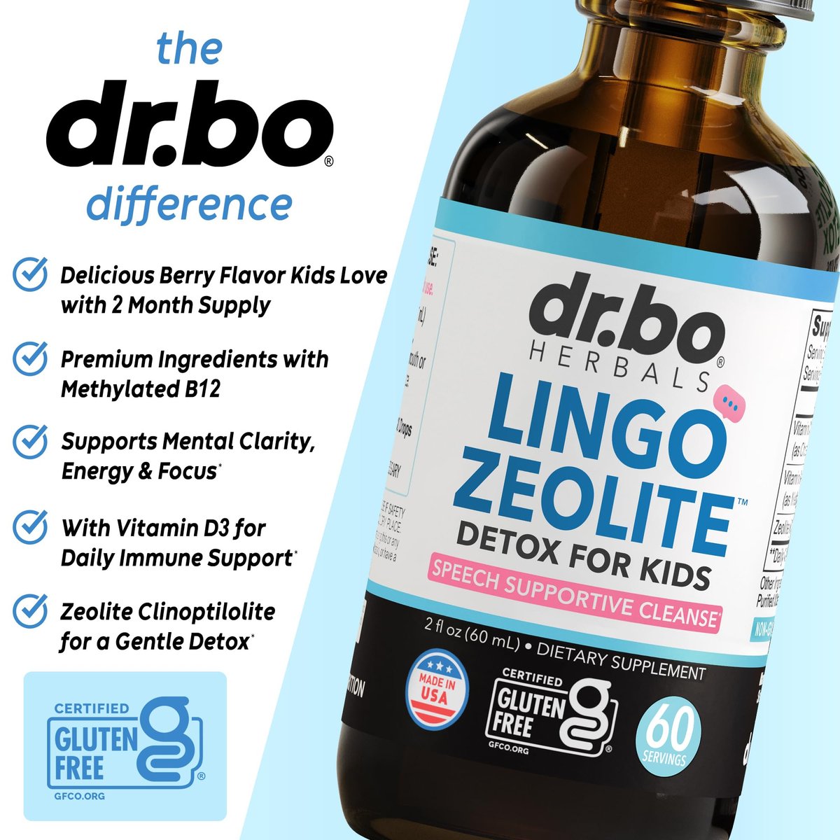 Zeolit-Detox für Kinder Lingo Drops – Natürliche Lingo Zeolith-Tropfen mit methyliertem B12 & D3, reines Clinoptilolith – Flüssig-Detox zur Körperreinigung ab 3 Jahren, 2 oz