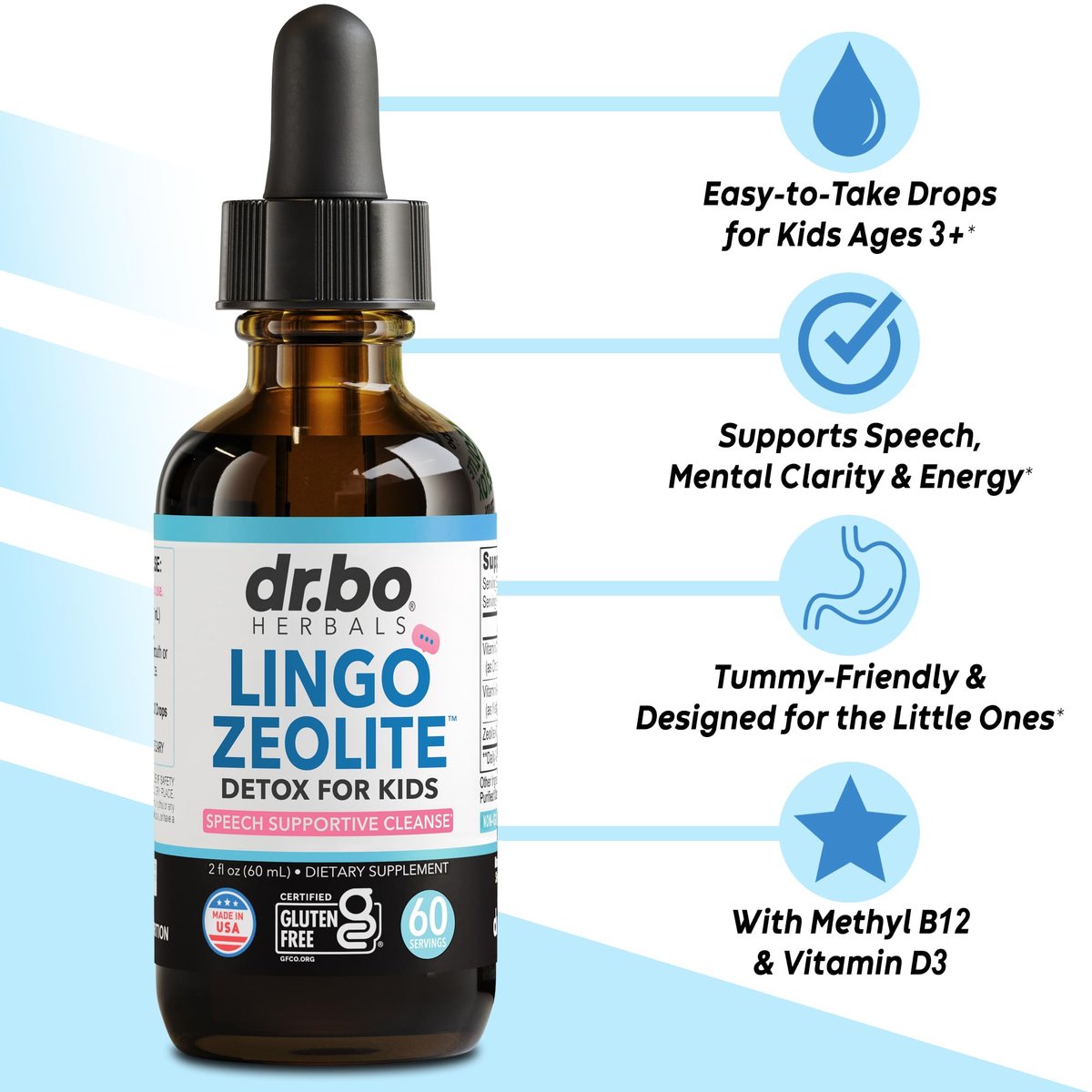 Zeolit-Detox für Kinder Lingo Drops – Natürliche Lingo Zeolith-Tropfen mit methyliertem B12 & D3, reines Clinoptilolith – Flüssig-Detox zur Körperreinigung ab 3 Jahren, 2 oz