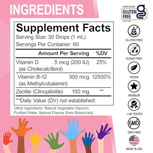 Zeolit-Detox für Kinder Lingo Drops – Natürliche Lingo Zeolith-Tropfen mit methyliertem B12 & D3, reines Clinoptilolith – Flüssig-Detox zur Körperreinigung ab 3 Jahren, 2 oz