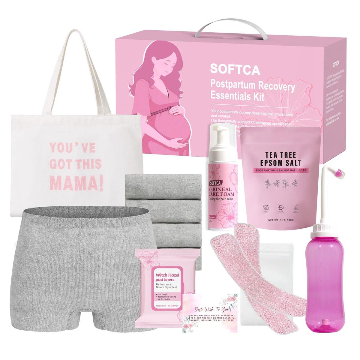 Postpartum Essentials Kit – Periflaschen, Eisbeutel, Heilungsschaum, Einwegunterwäsche, Kühlpads, Badesalze, Canvas-Tasche, Karte – Geschenk für Mamas