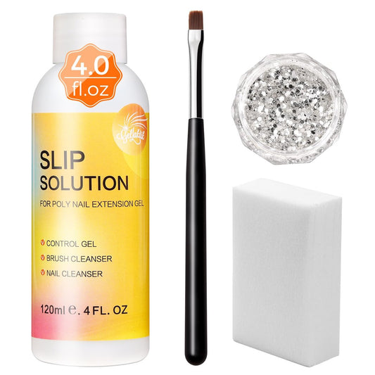 GELLAKTIK Slip Solution Kit für Poly-Gel-Nägel, 120 ml Anti-Haft-Flüssigkeit mit Nagelkunstpinsel, Reinigungspads (20 Stück), Glitzerpulver, Nagelverlängerung, Pinselreiniger – Einfach für Zuhause, Salon & Anfänger
