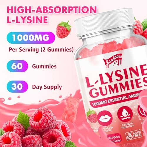 Saajoor L-Lysin 1000mg Gummis – Vegane Aminosäure für Immunsystem & Hautgesundheit, Himbeergeschmack, 60 Gummis