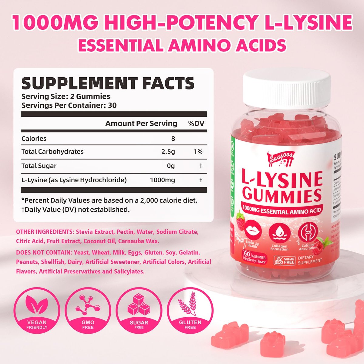 Saajoor L-Lysin 1000mg Gummis – Vegane Aminosäure für Immunsystem & Hautgesundheit, Himbeergeschmack, 60 Gummis