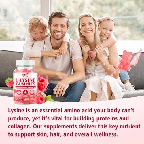 Saajoor L-Lysin 1000mg Gummis – Vegane Aminosäure für Immunsystem & Hautgesundheit, Himbeergeschmack, 60 Gummis