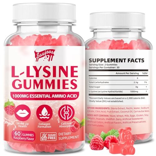 Saajoor L-Lysin 1000mg Gummis – Vegane Aminosäure für Immunsystem & Hautgesundheit, Himbeergeschmack, 60 Gummis