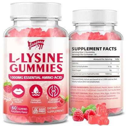 Saajoor L-Lysin 1000mg Gummis – Vegane Aminosäure für Immunsystem & Hautgesundheit, Himbeergeschmack, 60 Gummis