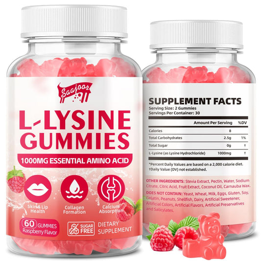 Saajoor L-Lysin 1000mg Gummis – Vegane Aminosäure für Immunsystem & Hautgesundheit, Himbeergeschmack, 60 Gummis