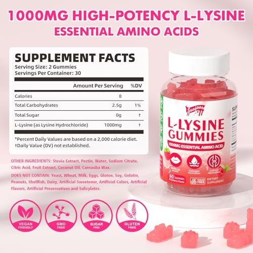 Saajoor L-Lysin 1000mg Gummis – Vegane Aminosäure für Immunsystem & Hautgesundheit, Himbeergeschmack, 60 Gummis