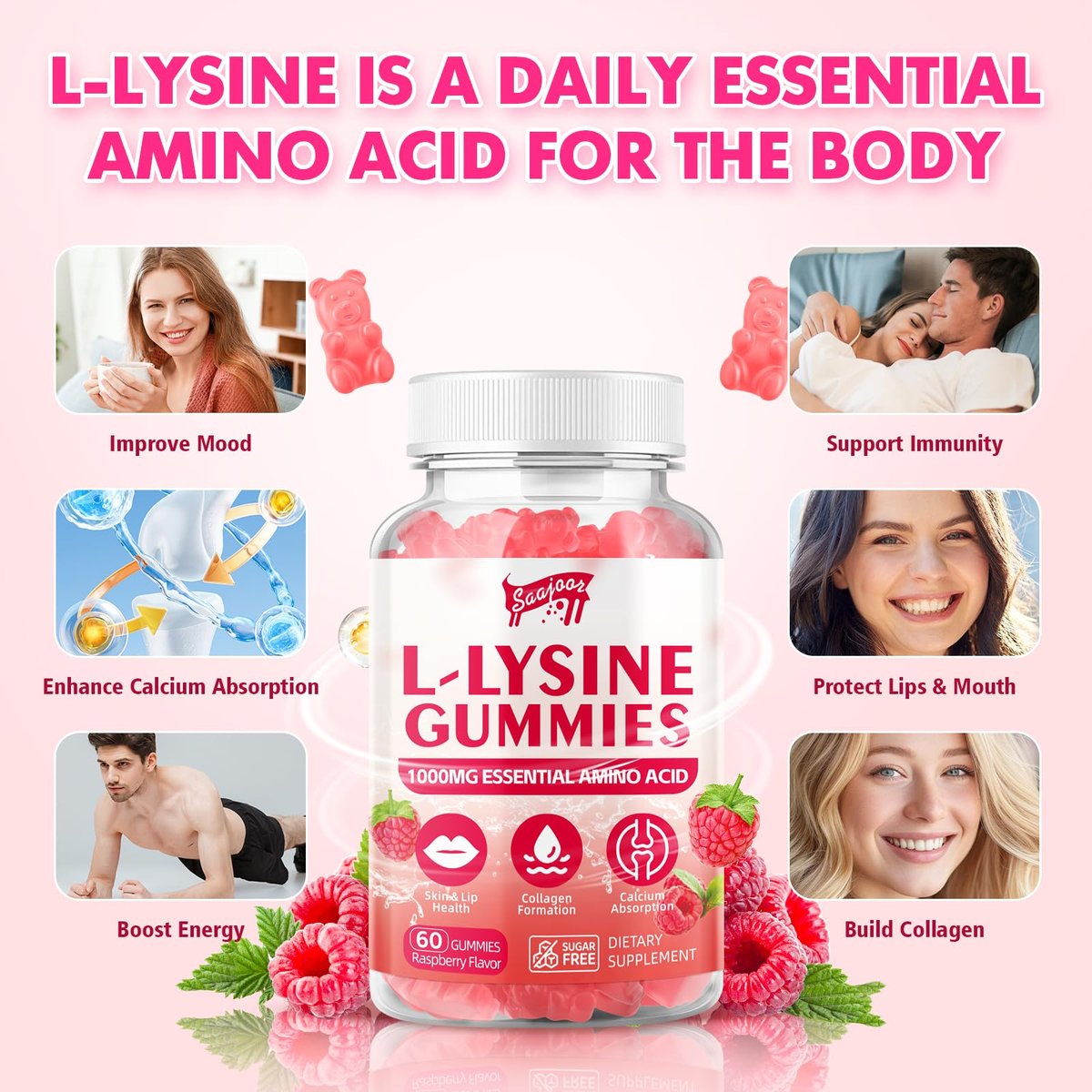 Saajoor L-Lysin 1000mg Gummis – Vegane Aminosäure für Immunsystem & Hautgesundheit, Himbeergeschmack, 60 Gummis
