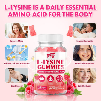 Saajoor L-Lysin 1000mg Gummis – Vegane Aminosäure für Immunsystem & Hautgesundheit, Himbeergeschmack, 60 Gummis
